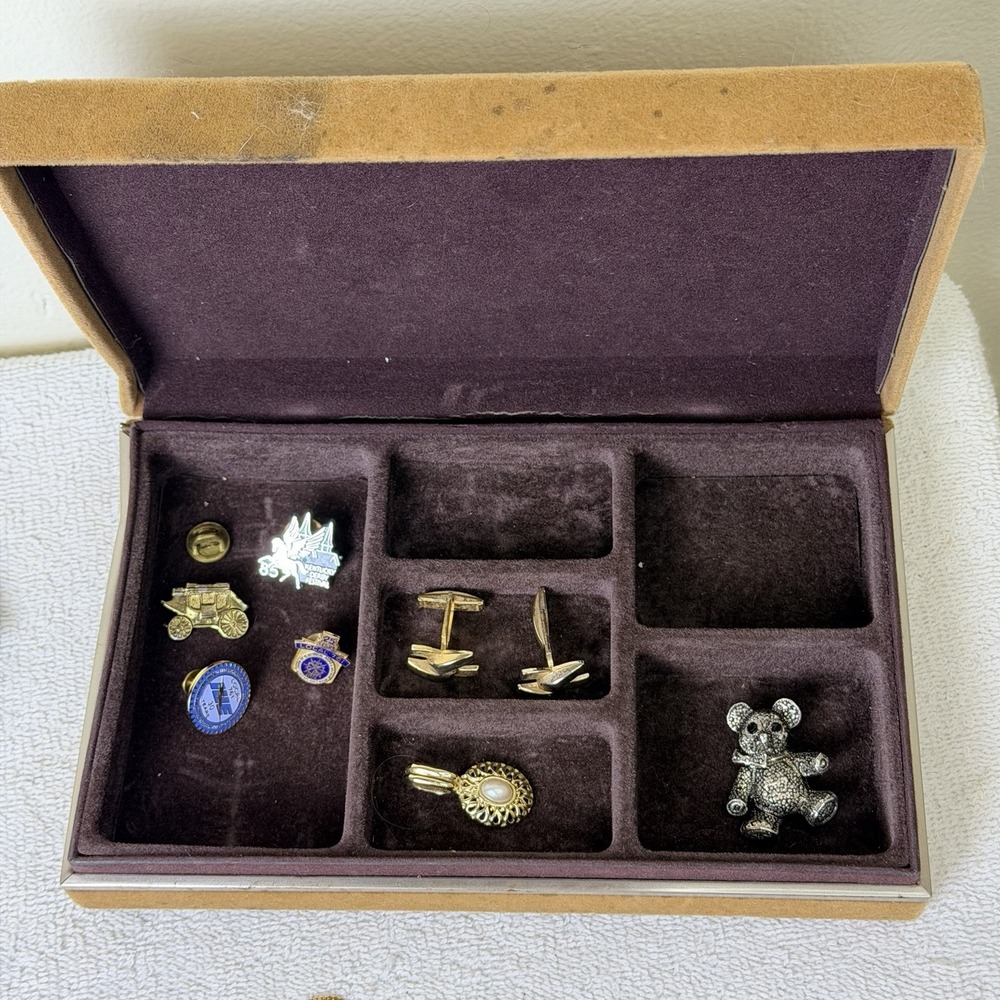 mens jewelry box with vintage cufflinks, Pins ,tie pins, box as is red valvet